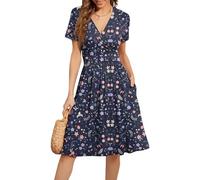 Curve Dresses for Women UK, Women's Short Sleeve V Neck Wrap Summer Dress Casual Loose Comfortable Floral Sundress Beach Holiday Dresses with Pockets Teenage Girls Gifts,Dark Blue,M,k14k