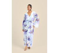 Curve Floral Lily Print Twist Front Mesh Flare Sleeve Midi Dress FASHION-SZN Purple 20