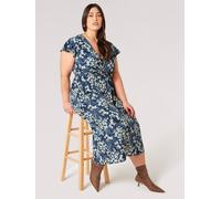 Curve Floral Swirl Wrap Midi Dress Apricot Navy 18