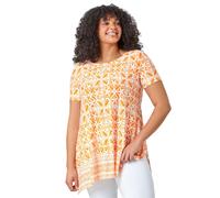 Roman Curve Women Geo Print Longline Top - Ladies Spring Everyday Summer Evening Vacation Work Holiday Short Sleeve Smart Casual - Orange - Size 20