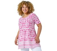 Roman Curve Women Geo Print Longline Top - Ladies Spring Everyday Summer Evening Vacation Work Holiday Short Sleeve Smart Casual - Pink - Size 20