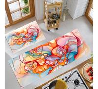 Curve Ink Drawing Kitchen Rug Set, 2 Pieces Non Slip and Anti Fatigue Abstract Watercolor Painting Kitchen Mat Set, Washable Floor Mat, Coral Standing Mats for Hallway Bedroom 40x60cm+40x120cm