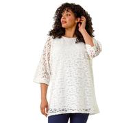 Roman Curve Lace Front Stretch Top for Women UK - Ladies Everyday Holiday Spring Summer Round Neckline Comfy Soft Evening Vacation Work Party - White Plus - Size 22
