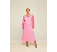 Curve Mixed Polka Dot Balloon Sleeve Midi Dress FASHION-SZN Pink 24