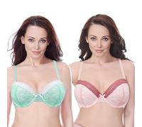 Curve Muse Padded Balconette Lace Underwire Bra-2Pack-Mint,Pink-44DDD