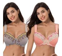 Curve Muse Plus Size Minimizer Underwire Bra with Lace Embroidery-2Pack-Brown,Peach Amber-44D (EU:100D)