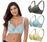 Curve Muse Plus Size Minimizer Underwire Unlined Bras with Embroidery Lace-2 or 3Pack, Light Blue,yellow,hunter Green(3 Pack), 38D