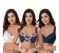 Curve Muse Plus Size Minimizer Unlined Wireless Bra with Lace Embroidery-3Pack-White,Navy,Gray-42D (EU:95D)