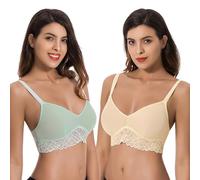 Curve Muse Plus Size Plunge Unlined Bralette with Floral Lace-2pack-Yellow,Sage-L