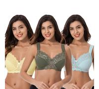 Curve Muse Plus Size Unlined Minimizer Wireless Bras with Embroidery Lace-3Pack-Yellow,Light Blue,Hunter Green-48DD (EU:110E)