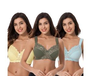 Curve Muse Plus Size Unlined Minimizer Wireless Bras with Embroidery Lace-3Pack-Yellow,Light Blue,Hunter Green-34D (EU:75D)