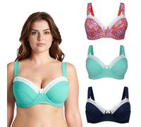 Curve Muse Underwire Balconette Cotton Bra-3PK-Navy,Lt Green,Orange-36D