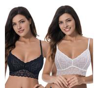 Curve Muse Wireless Plunge Bralette with Floral Lace-2PK-Black,Cream-S