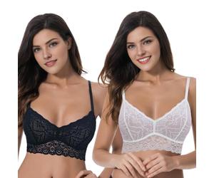 Curve Muse Wireless Plunge Bralette with Floral Lace-2PK-Black,Cream-XXXL