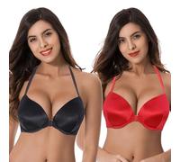 Curve Muse Women Push Up Add 1 and a Half Cup Underwire Halter Front Close Bras -2PK-Black,Red-34DDD (EU:75F)
