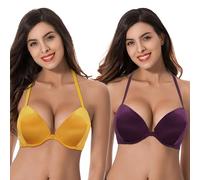 Curve Muse Women Push Up Add 1 and a Half Cup Underwire Halter Front Close Bras -2PK-Orange,Burgundy-34DDD (EU:75F)