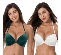 Curve Muse Women Push Up Add 1 and a Half Cup Underwire Halter Front Close Bras -2PK-White,Dk Green-48DDD (EU:110F)