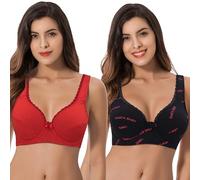 Curve Muse Women’s Unlined Plus Size Comfort Cotton Underwire Bra, Black/Red,red(2 Pack), 44B