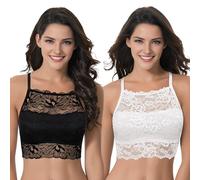 Curve Muse Women's Bralette Unlined Racerback Crop Top Bustier Floral Lace Bra-2 Pack-Black,Cream-S