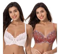 Curve Muse Women's Lightly Padded Underwire Embroidery Lace Bra-2PK-Buttermilk,Mecca Orange-44DD (EU:100E)