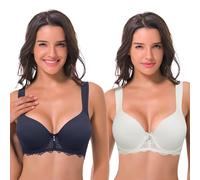 Curve Muse Women's Lightly Padded Underwire Lace Bra with Padded Shoulder Straps-2PK-Black Iris,Cream-36B(EU:80B)