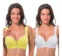 Curve Muse Women's Lightly Padded Underwire Lace Bra with Padded Shoulder Straps-2PK-White,Light Yellow-42DD(EU:95E)-V2