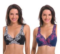 Curve Muse Women's Minimizer Unline Underwire Full Figure Bra with Embroidery Lace, 34C (EU:75C), Blue-silver(2 Pack)