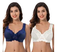 Curve Muse Women's Minimizer Unlined Underwire Bra with Lace Embroidery-2 Pack, Buttermilk Print,blue Print(2 Pack), 36D