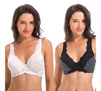 Curve Muse Women's Minimizer Unlined Underwire Bra with Lace Embroidery-2 Pack - White - 34DD