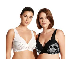 Curve Muse Women's Minimizer Unlined Underwire Bra with Lace Embroidery-2 Pack-White,Black-42B (EU:95B)
