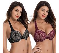 Curve Muse Women's Plus Size Add 1 and a Half Cup Push Up Convertible Lace Bras, Black,burgundy(2 Pack), 42C