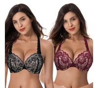 Curve Muse Women's Plus Size Add 1 and a Half Cup Push Up Underwire Convertible Lace Bras -2PK-Black,Burgundy-38DD (EU:85E)