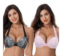 Curve Muse Women's Plus Size Add 1 and a Half Cup Push Up Underwire Convertible Lace Bras-2PK-Black,Pink-36DD (EU:80E)-V2