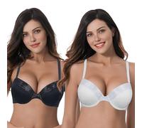 Curve Muse Women's Plus Size Add 1 and a Half Cup Push Up Underwire Lace Bras -2PK-Black,Cream-34DD (EU:75E)