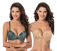 Curve Muse Women's Plus Size Add 1 and a Half Cup Push Up Underwire Lace Bras -2PK-Dk Green,Nude-40B (EU:90B)