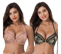 Curve Muse Women's Plus Size Add 1 Cup Push Up Underwire Halter Front Close Bras-2PK-Red Cinnabar,Black-42C (EU:95C)