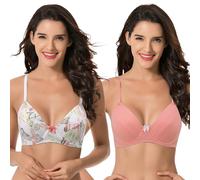 Curve Muse Women's Plus Size Cotton Unlined Balconette Underwire Bras-2 Pack-Cream/Coral/Yellow,Coral-36B (EU:80B)