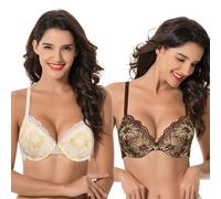 Curve Muse Women's Plus Size Full Coverage Lightly Padded Underwire Lace Bra-2PK-Cream/Golden,Brown/Yellow-46DD (EU:105E)