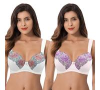 Curve Muse Womens Plus Size Minimizer Underwire Unlined Bra with Embroidery Lace-2Pack-Buttermilk,Orchid Tint-34D (EU:75D)