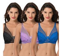 Curve Muse Women's Plus Size Minimizer Unlined Underwire Bra with Floral Lace-3PK-Royal,Mauve,Black-48DD (EU:110E)