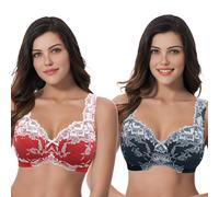 Curve Muse Women's Plus Size Minimizer Unlined Wirefree Lace Full Coverage Bras-2Pack-Black,Red-38C (EU:85C)