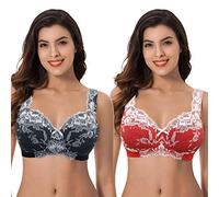 Curve Muse Women's Plus Size Minimizer Unlined Wireless Lace Full Coverage Bras, Black,red(2 Pack), 44C