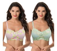 Curve Muse Womens Plus Size Minimizer Wirefree Unlined Bra with Lace Trim-2Pack-Lt Pink,Lt Green-48C (EU:110C)