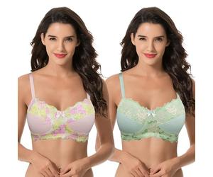 Curve Muse Womens Plus Size Minimizer Wirefree Unlined Bra with Lace Trim-2Pack-Lt Pink,Lt Green-48C (EU:110C)