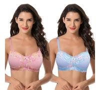 Curve Muse Womens Plus Size Minimizer Wirefree Unlined Bra with Lace Trim-2Pack-Pink,Lt Blue-34DD (EU:75E)