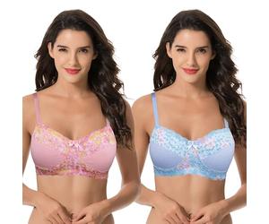 Curve Muse Womens Plus Size Minimizer Wirefree Unlined Bra with Lace Trim-2Pack-Pink,Lt Blue-34DD (EU:75E)