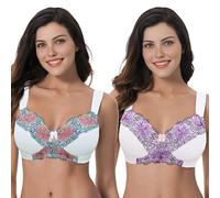 Curve Muse Women's Plus Size Minimizer Wireless Unlined Bra with Embroidery Lace-2 Pack-Buttermilk,Orchid Tint-48D/EU:110D