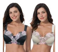 Curve Muse Women's Plus Size Minimizer Wireless Unlined Bra with Embroidery Lace-2Pack-Black,Nude-36D/EU:80D