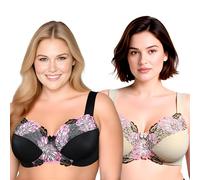 Curve Muse Women's Plus Size Minimizer Wireless Unlined Bra with Embroidery Lace-2Pack-Black,Nude-48C/EU:110C