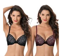 Curve Muse Women's Plus Size Push Up Add 1 and a Half Cup Underwire Mesh Bra, Black,red Black/Burgundy(2 Pack), 34D